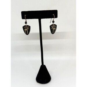 Black and Silver Tone Shield MOOSE French Hook Dangle Earrings